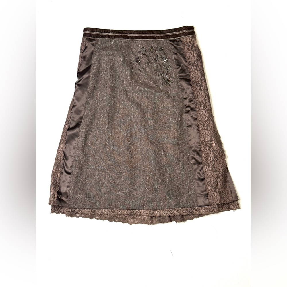 Tyler Boe Chocolate A-Line Tweed Skirt with Lace Detail Size 10